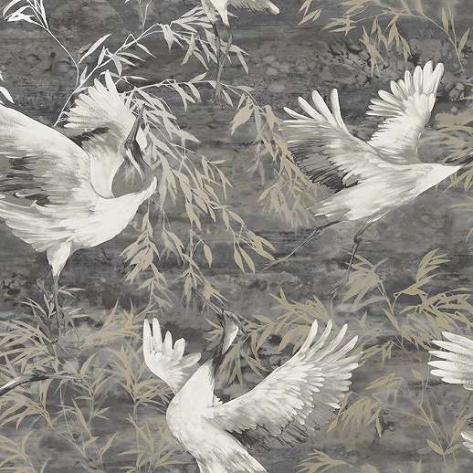 Szürke design tapéta keleties daru madár mintával