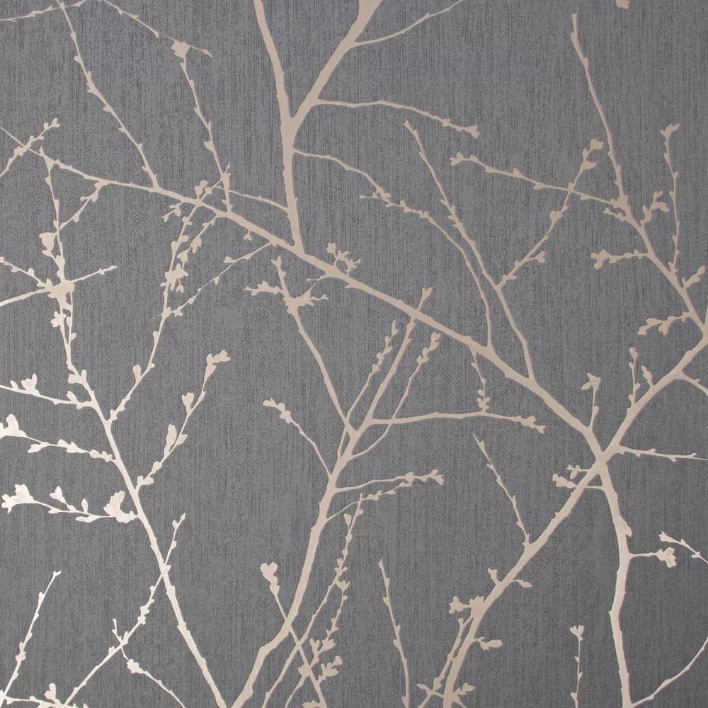 Szürke design tapéta réz színű faág mintával