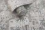 Szürke design tapéta trópusi városkép mintával etno stílusban