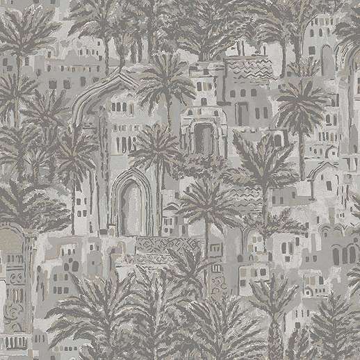 Szürke design tapéta trópusi városkép mintával etno stílusban