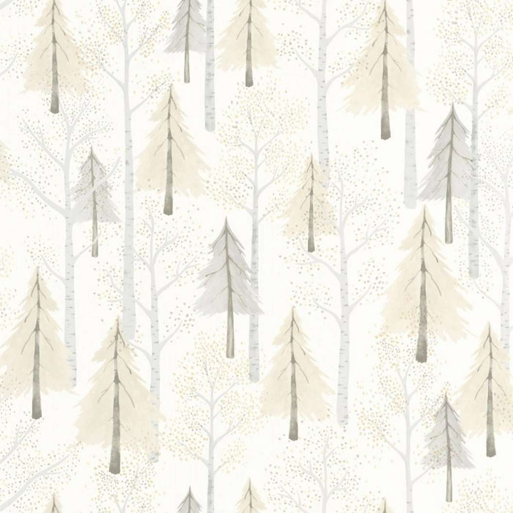 Szürke és bézs színű rajzolt erdőt ábrázoló design tapéta