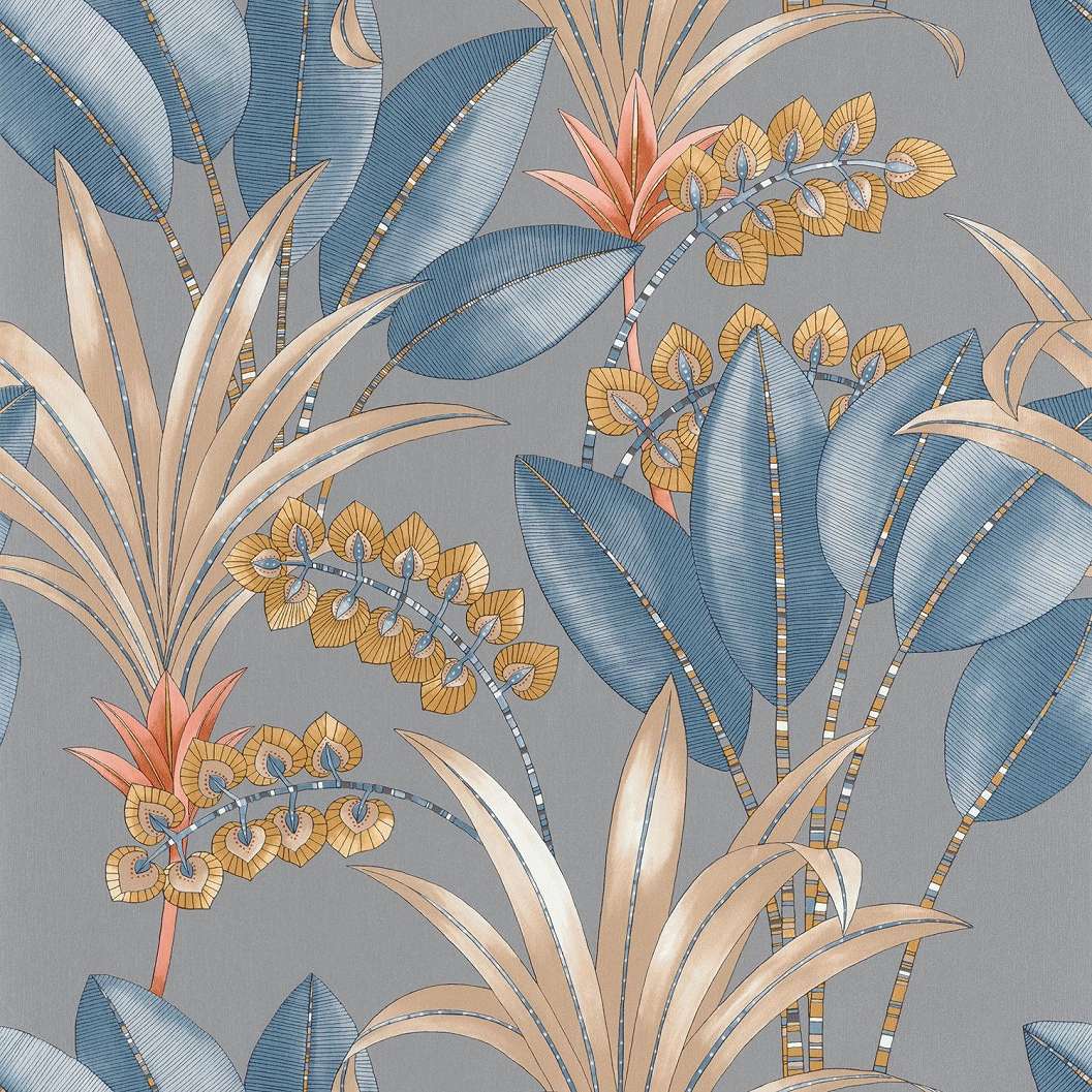 Szürke és kék színű design tapéta apró levél és pálma leveles mintával