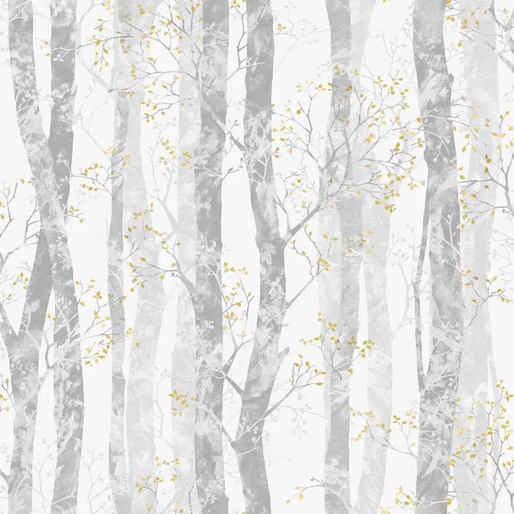 Szürke fehér erdei fa mintás tapéta apró sárga levél mintákkal