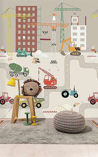Szürke munkagép és építkezés mintás poszter tapéta gyerekszobába