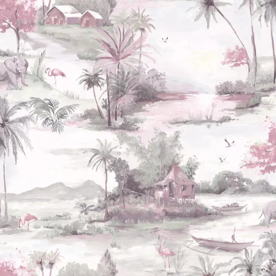 Szürke pink trópusi tájkép mintás vlies design tapéta