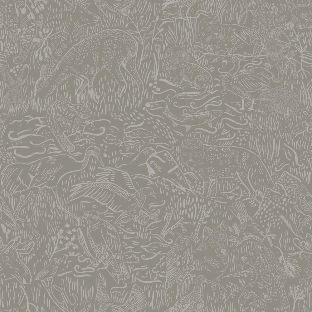 Szürke tapéta erdei állatos mintával skandináv stílusban