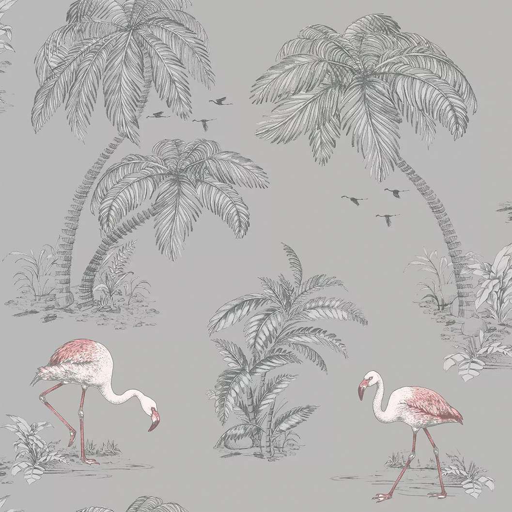 Szürke tapéta trópusi stílusban flamingó mintával