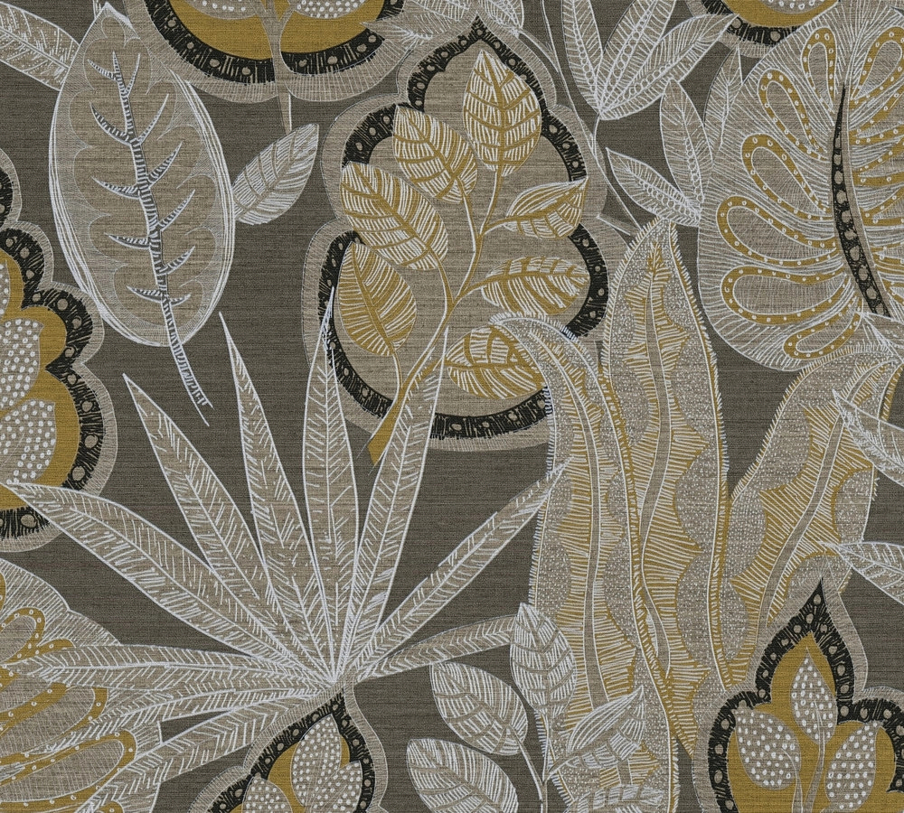 Szürke vinyl tapéta leveles mintával textiles strukturával mosható.