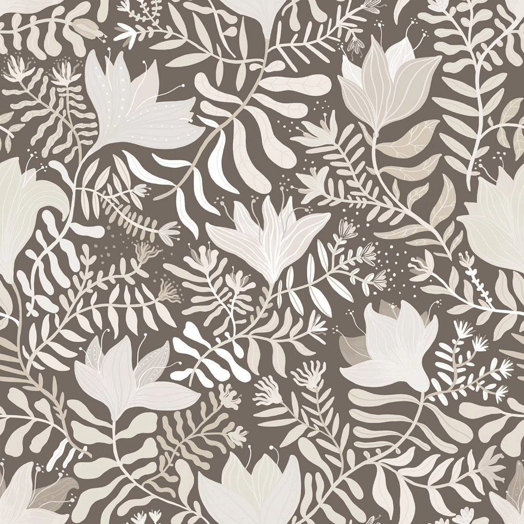 Szürke virág és levélmintás skandináv stílisú design tapéta