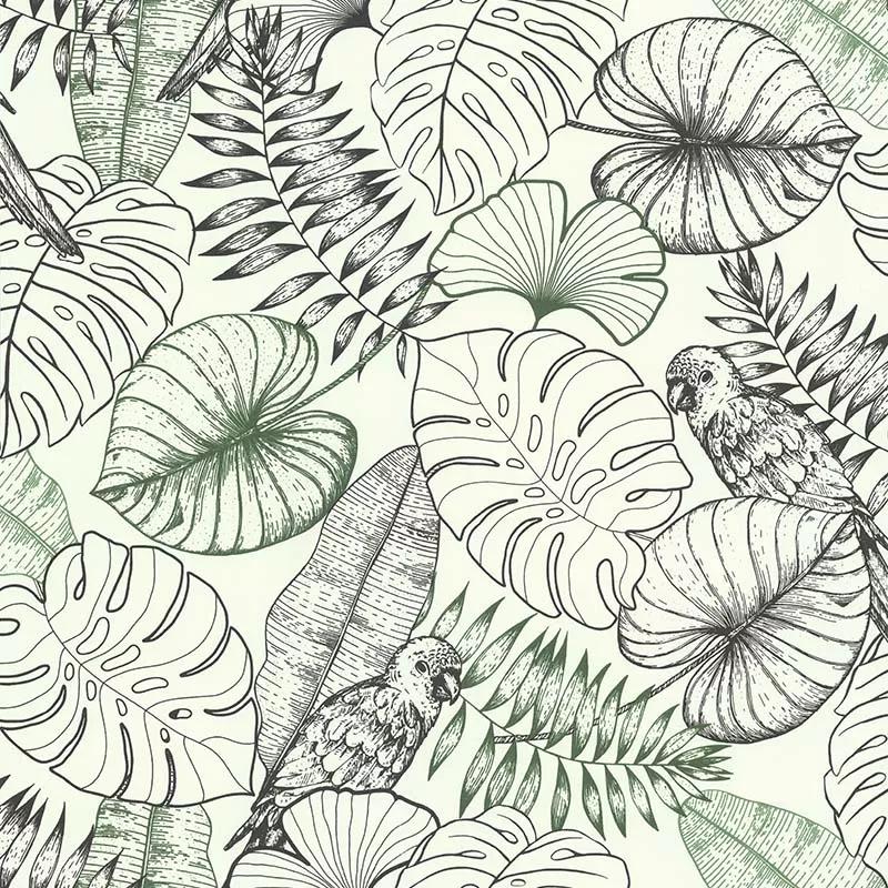 Szürke zöld modern botanikai stílusú pálma és papagáj mintás vlies tapéta