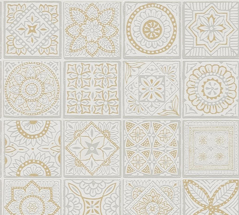 Szürkés fehér és arany színű orientális csempe mintás design tapéta