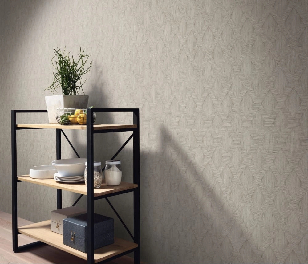 Szürkésbarna design tapéta textilszőtt geometrikus mintával