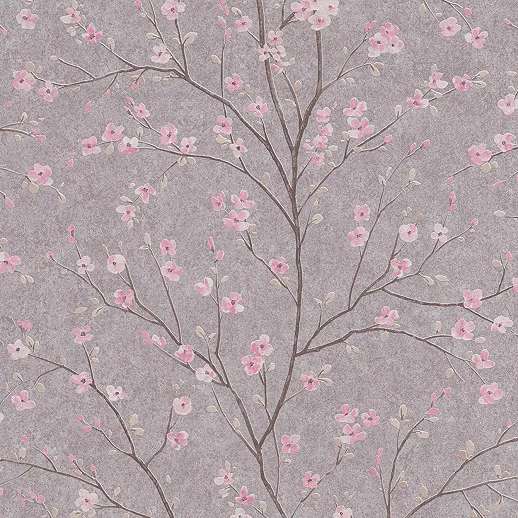 Szürkéslila alapon japán stílusú cseresznyevirág mintás design tapéta