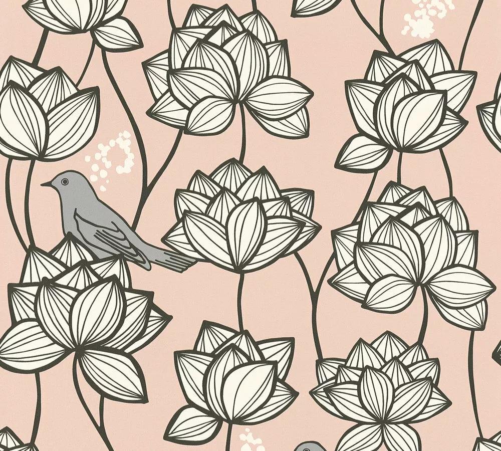 Tapéta geometrkus virág és madár mintával rózsaszín színben
