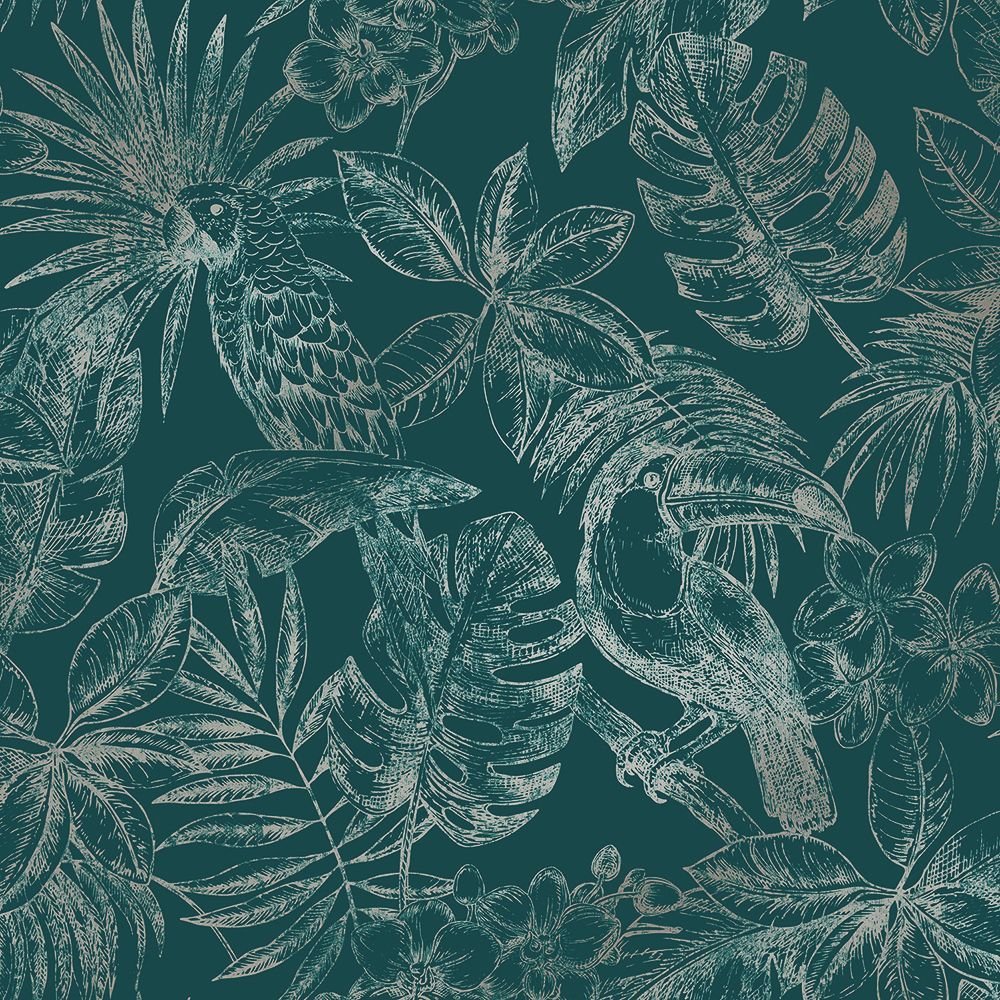 Tapéta kék alapon trópusi madár, pálma mintával