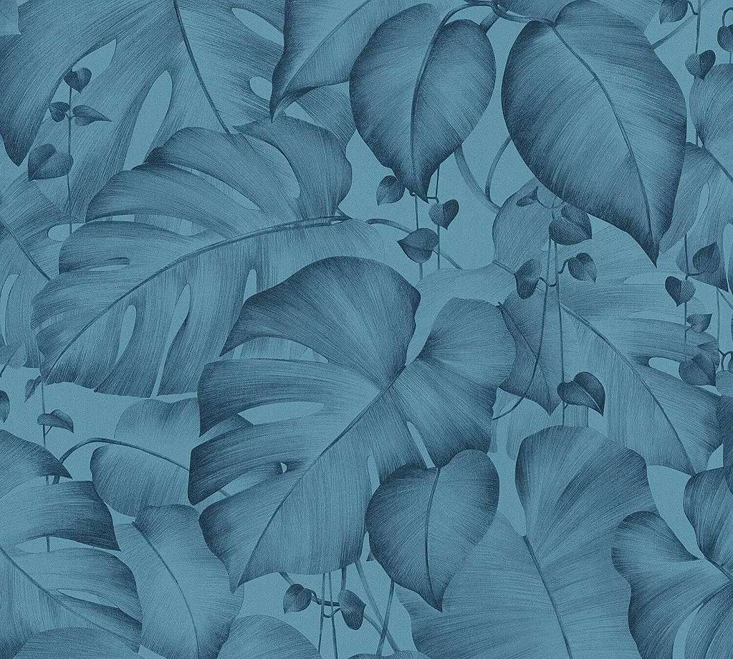 Tapéta kék színben trópusi növény mintával