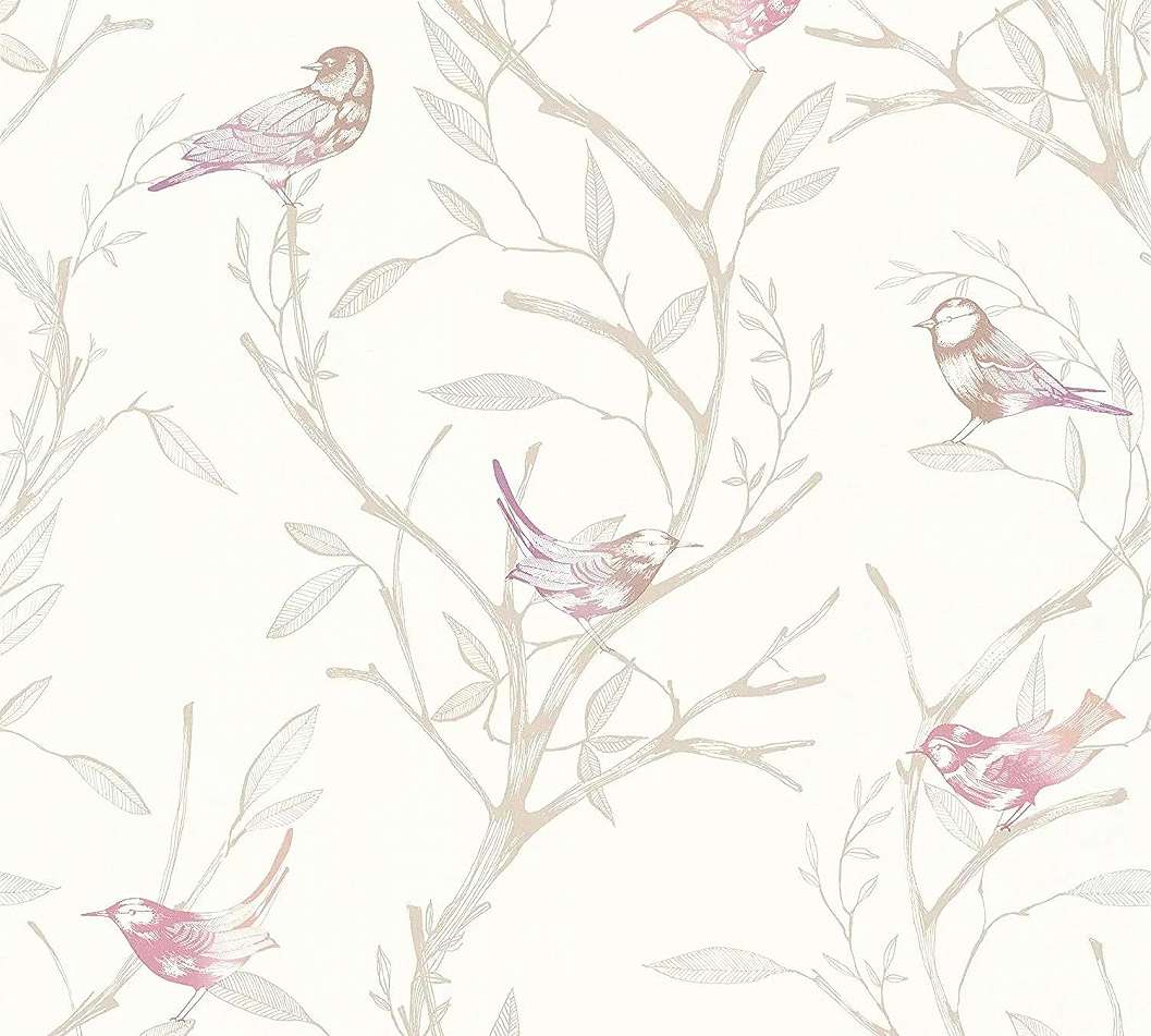 Tapéta lila, rózsaszín erdei madár, növény mintával, bézs alapon