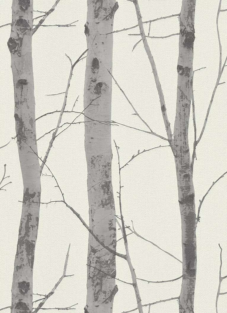Tapéta nyírfa mintával szürke színvilágban