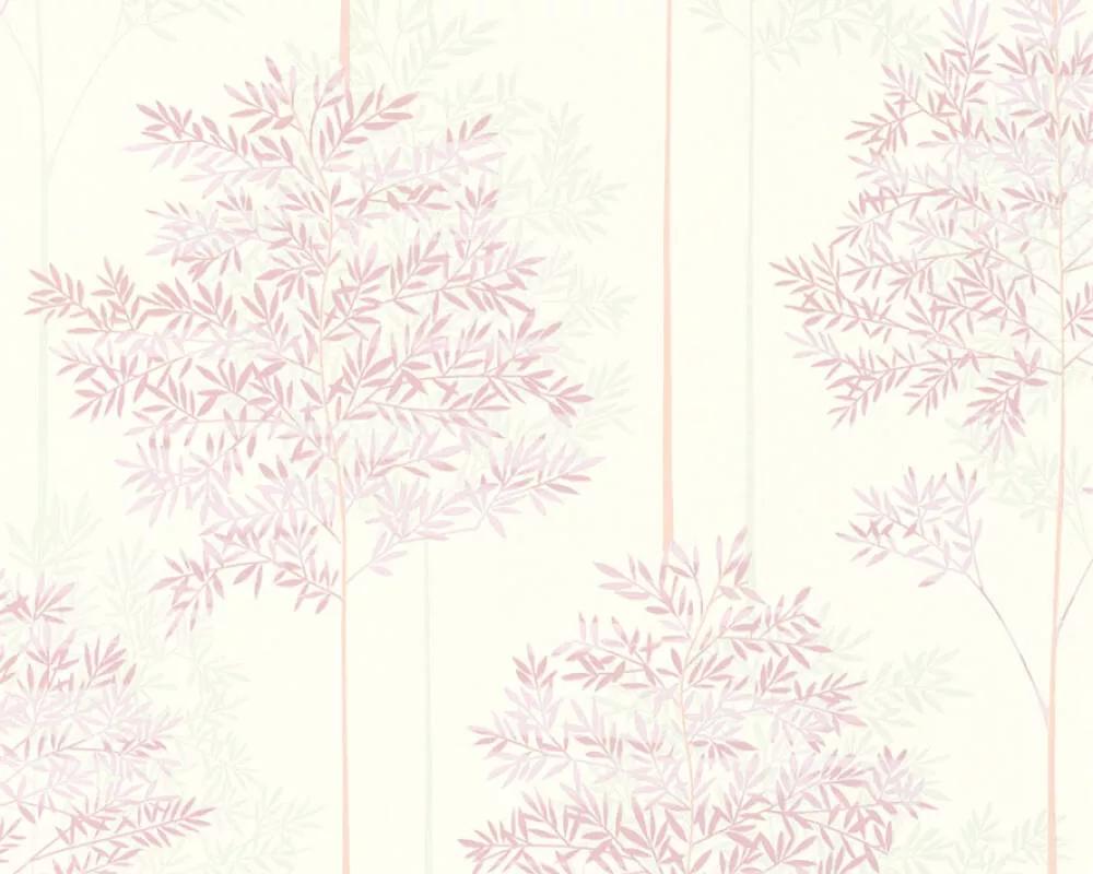Tapéta stilizált erdei famintával halvány rózsaszín színben