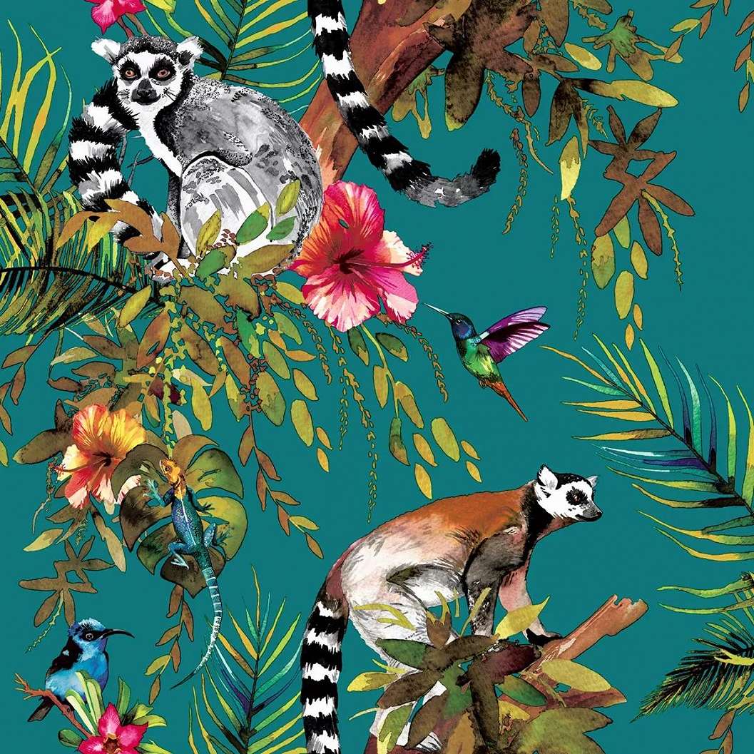 Tapéta trópusi levél és állat mintával türkiz alapon