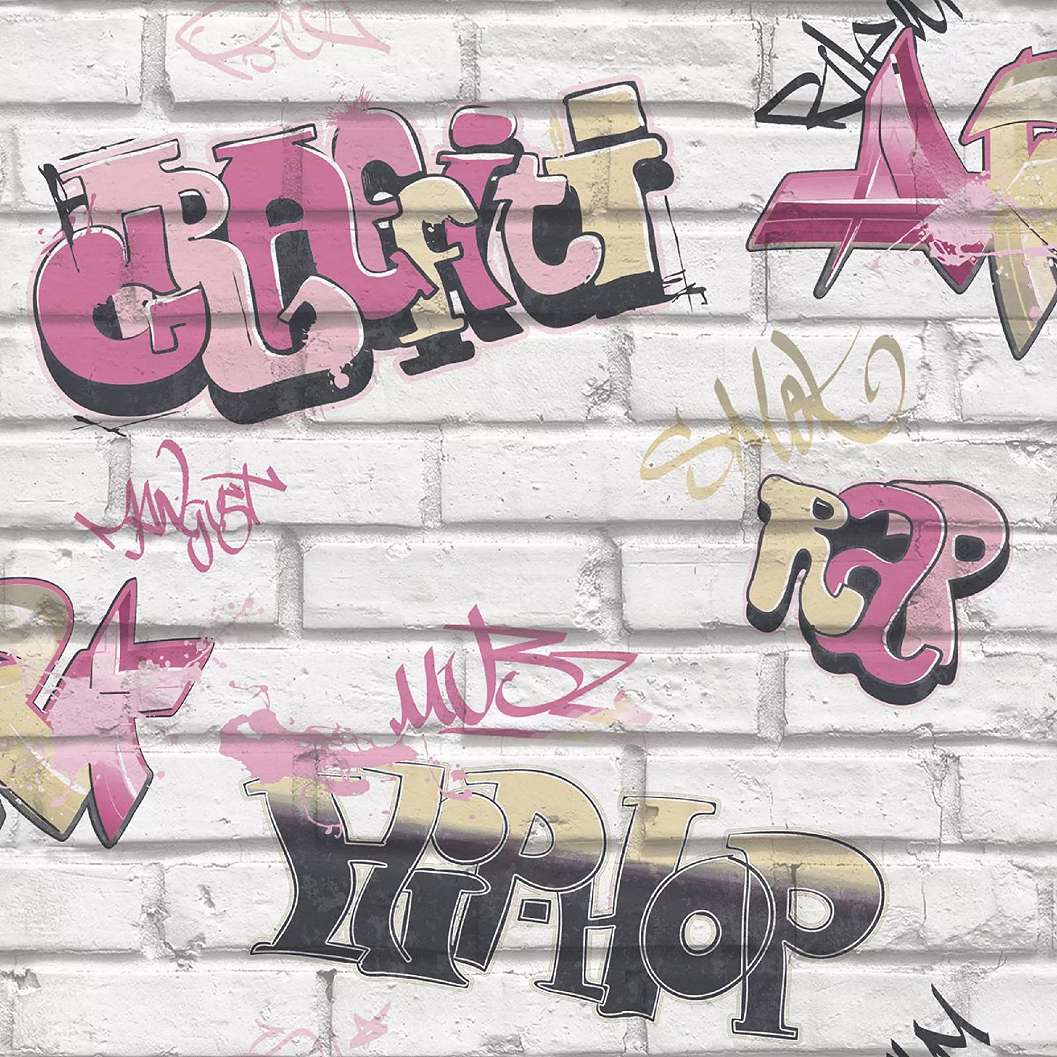 Téglamintás alapon rózsaszín graffiti mintás vlies gyerektapéta