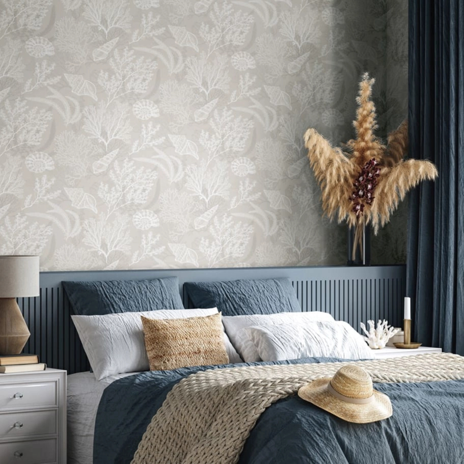 Tengeri csiga és korall mintás beige színű elegáns design tapéta