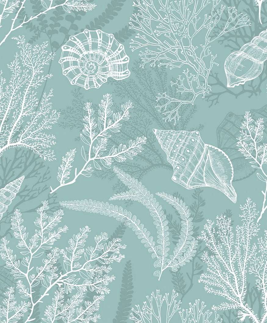 Tengeri csiga és korall mintás ciánkék színű elegáns design tapéta