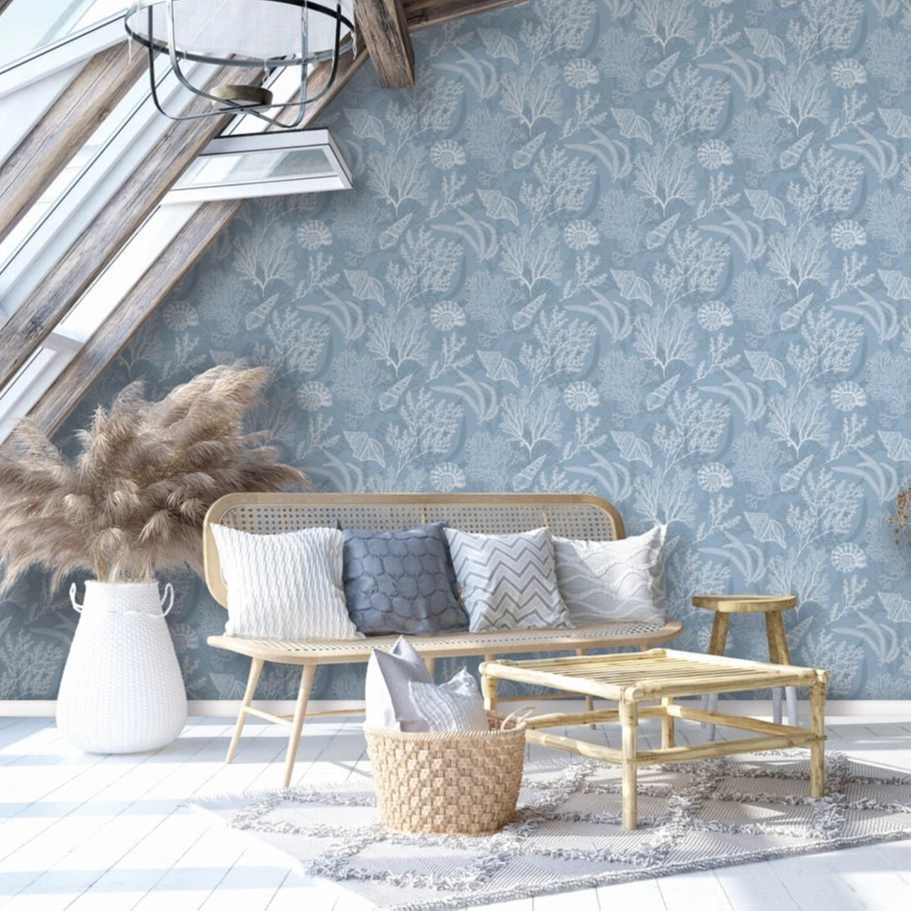 Tengeri csiga és korall mintás kék színű elegáns design tapéta