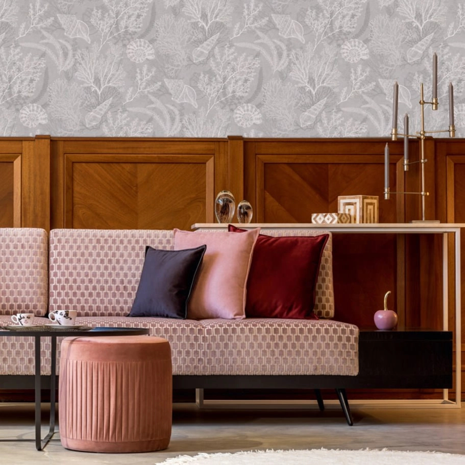 Tengeri csiga és korall mintás szürke színű elegáns design tapéta