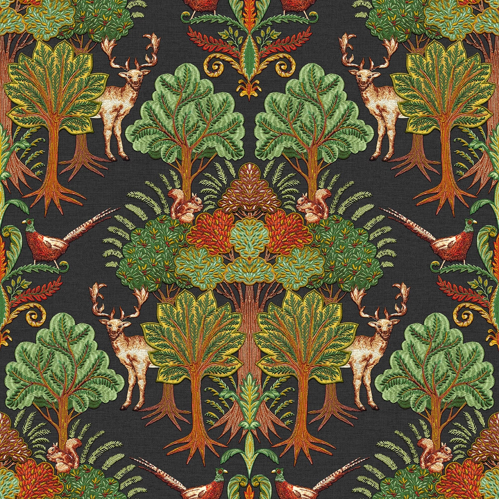 Textíl struktúrált felületű erdei állatok és fák mintázatú fekete színű design tapéta