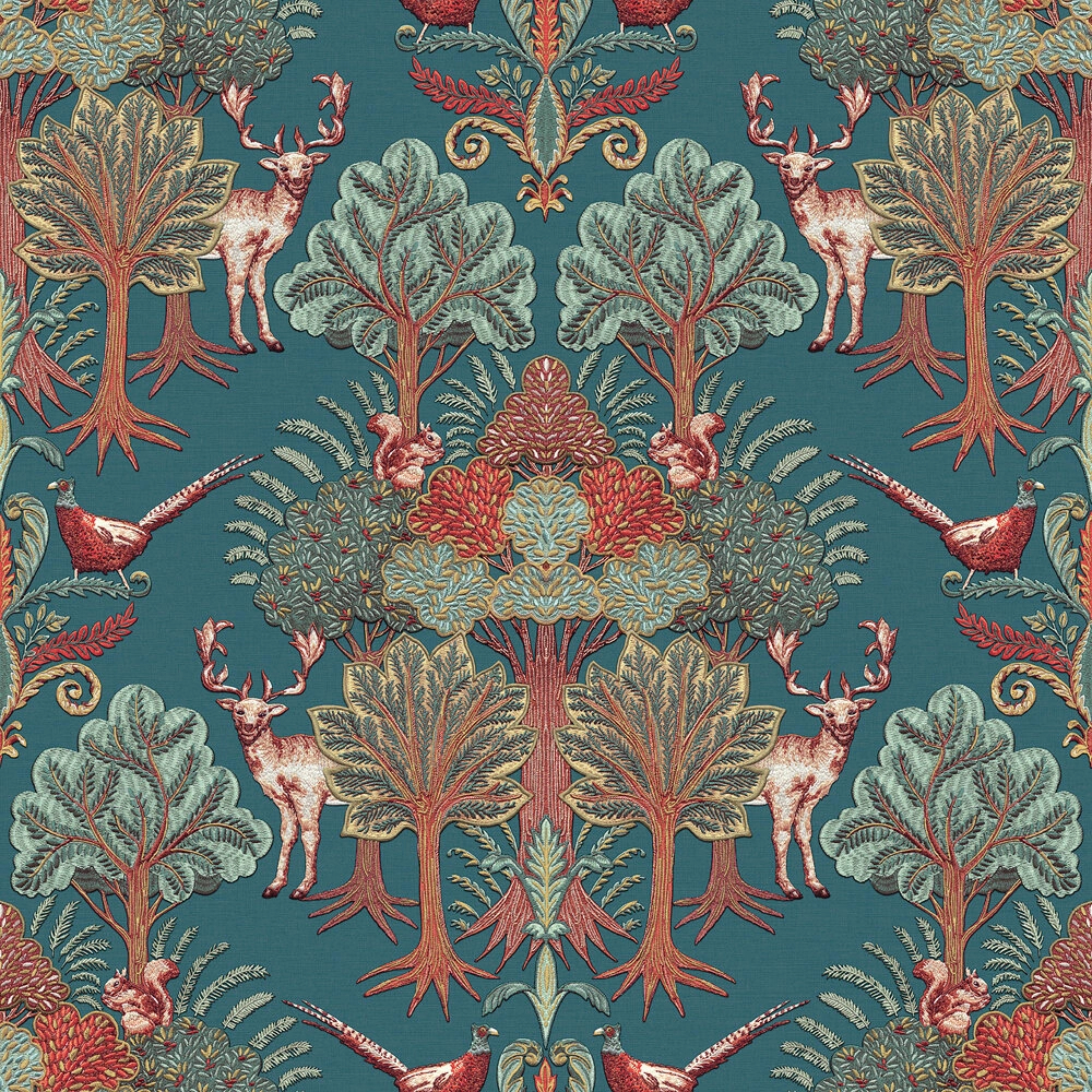 Textíl struktúrált felületű erdei állatok és fák mintázatú Petrol kék színű design tapéta