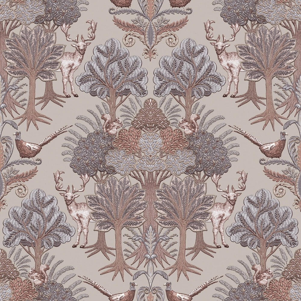 Textíl struktúrált felületű erdei állatok és fák mintázatú taupe színű design tapéta