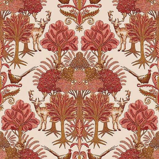 Textíl struktúrált felületű erdei állatok és fák mintázatú vöröses naracssárga színű design tapéta