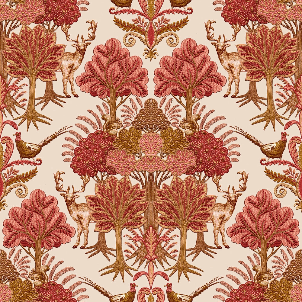 Textíl struktúrált felületű erdei állatok és fák mintázatú vöröses naracssárga színű design tapéta