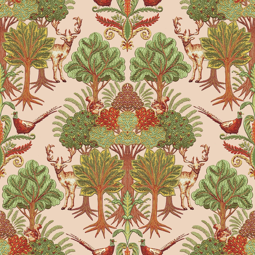 Textíl struktúrált felületű erdei állatok és fák mintázatú zöld színű design tapéta