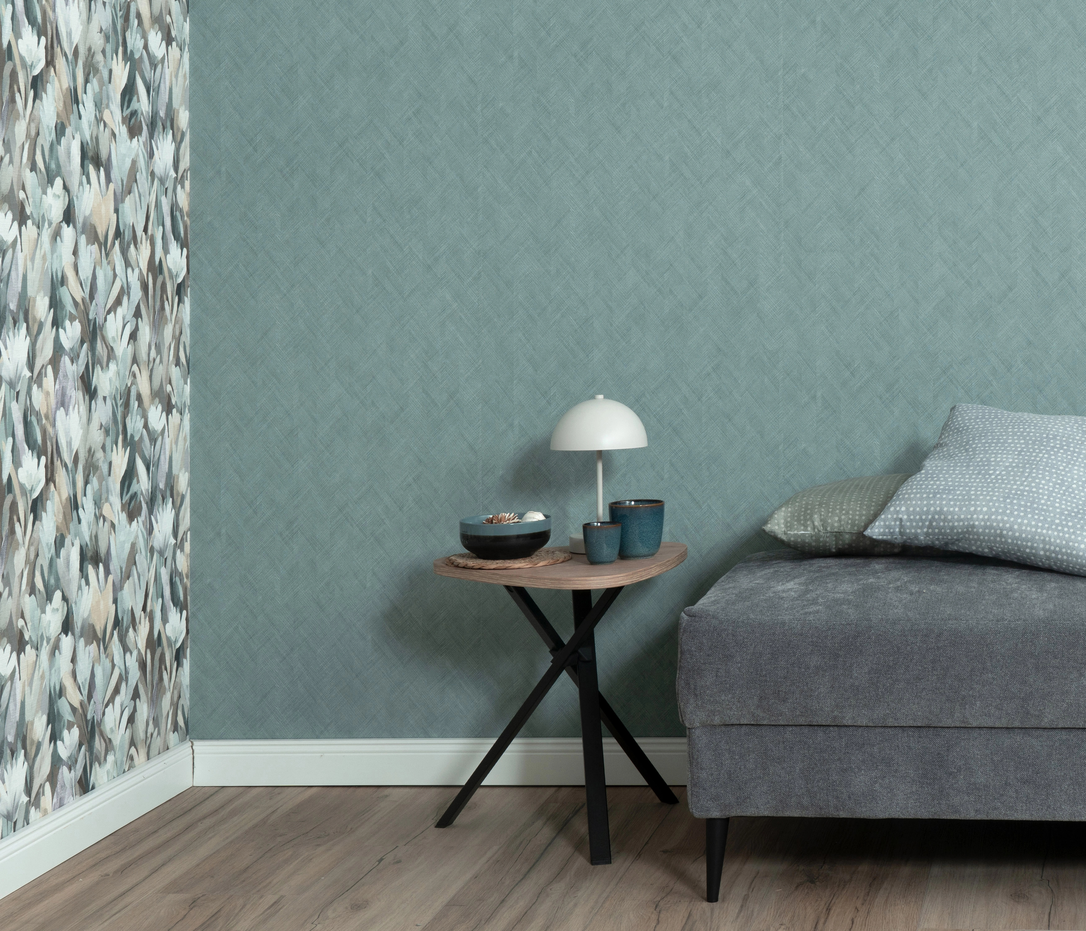 Textilhatású poroskék színű design tapéta