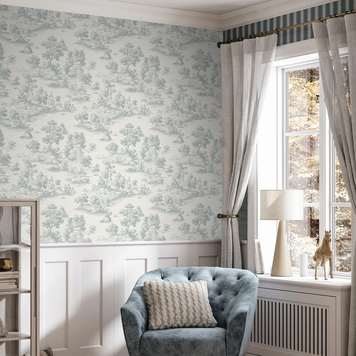 Toile stílusú dekor tapéta fametszet mintával világoskék színben