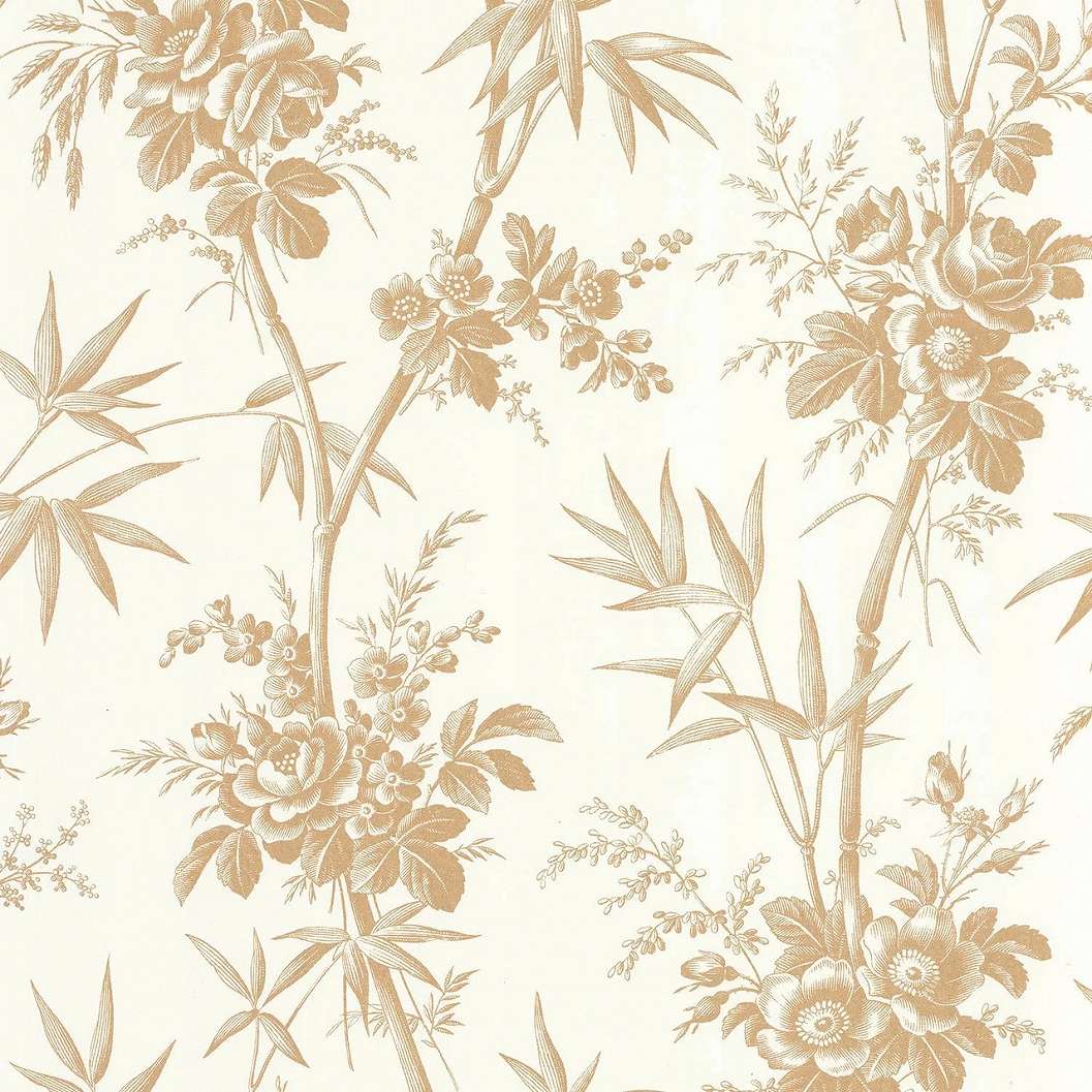 Toile stílusú design tapéta bambusz és virágok mintával beige színben