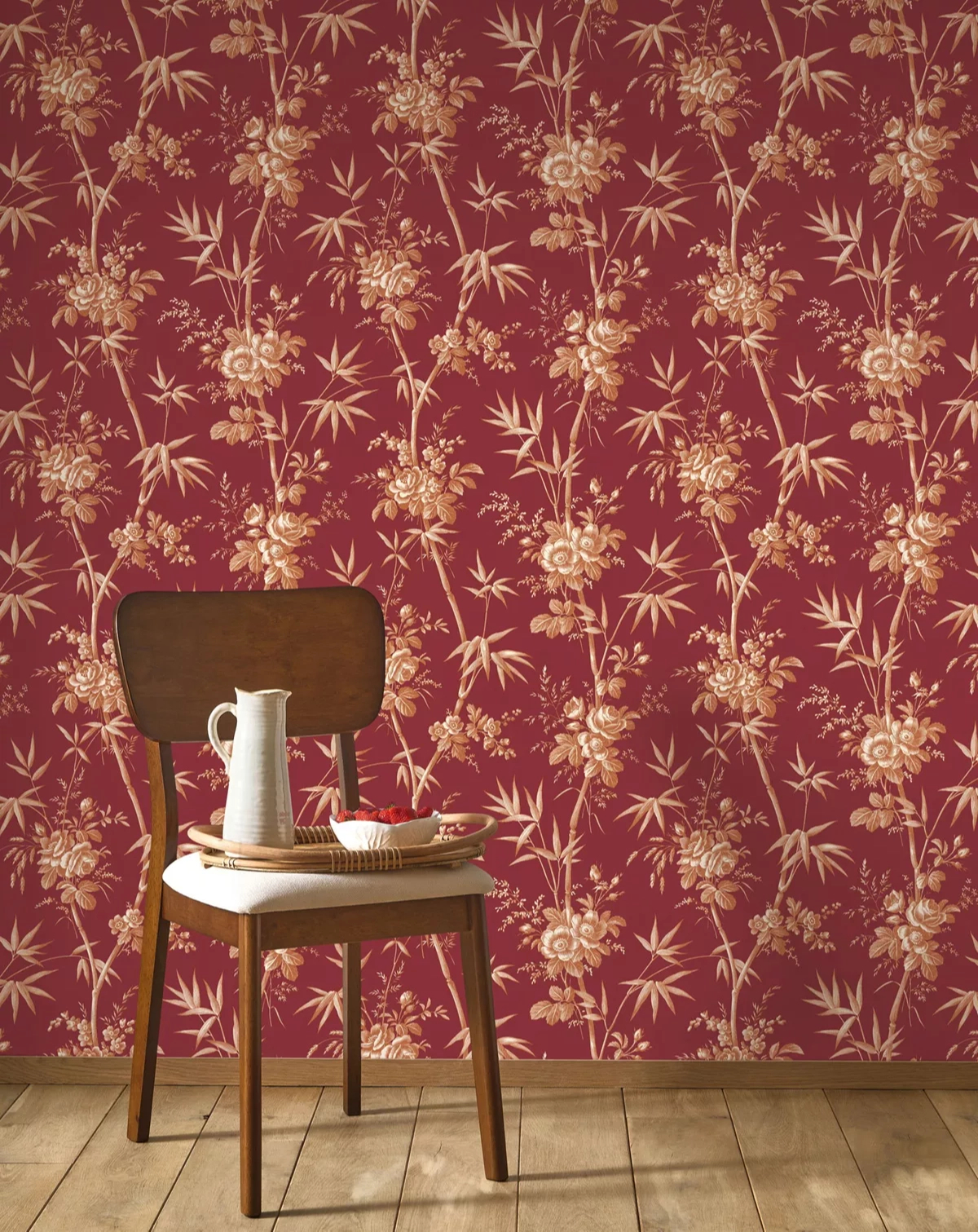 Toile stílusú design tapéta bambusz és virágok mintával bordó színben