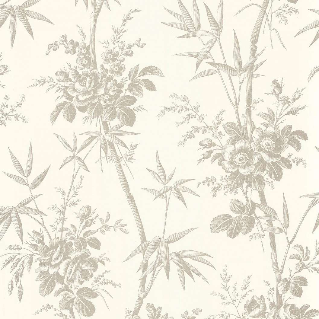 Toile stílusú design tapéta bambusz és virágok mintával szürke színben