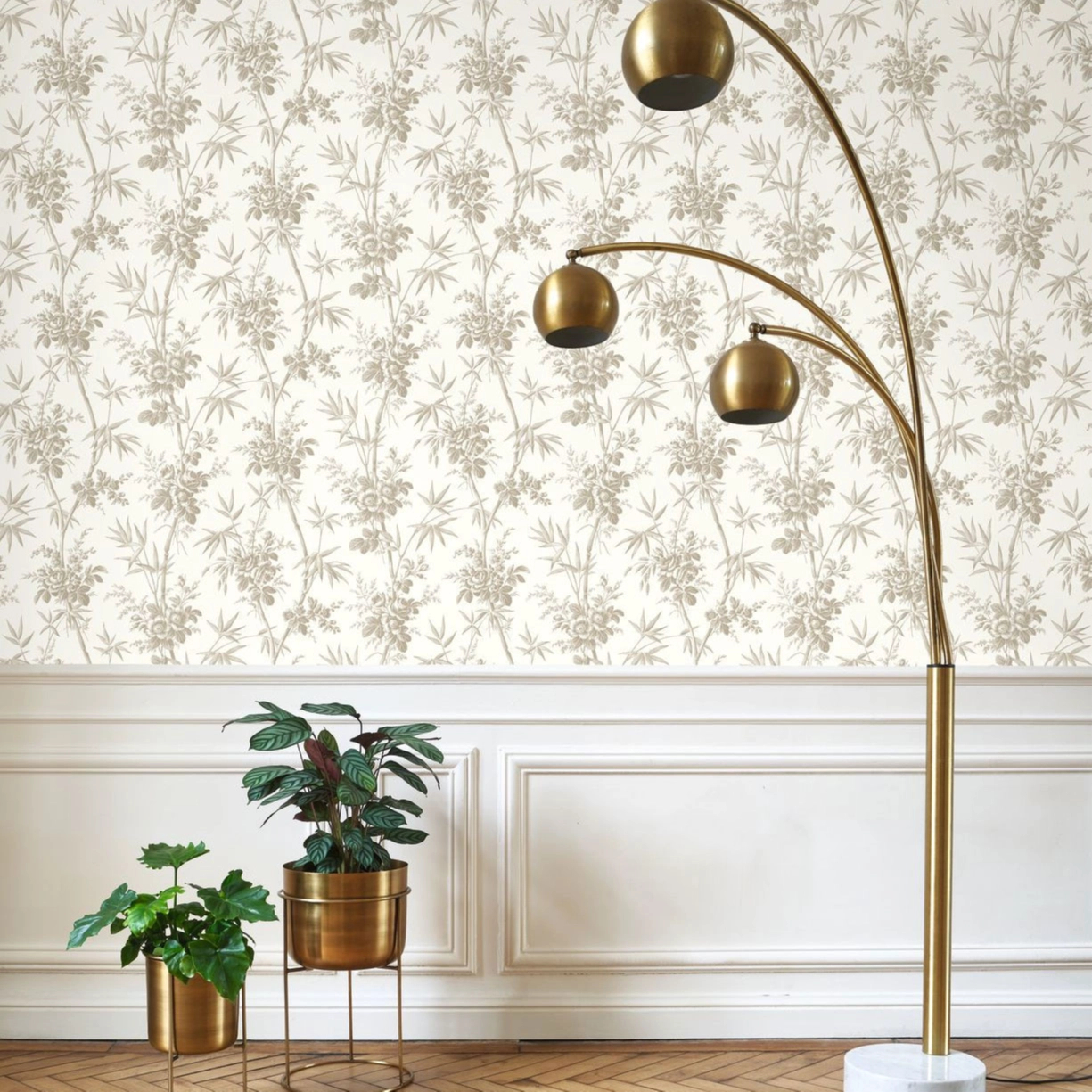 Toile stílusú design tapéta bambusz és virágok mintával szürke színben