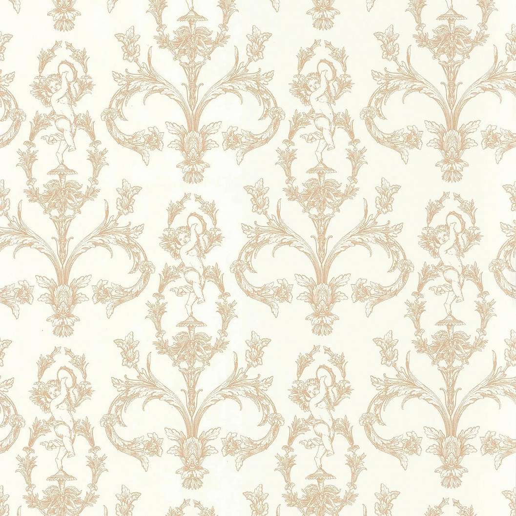 Toile stílusú design tapéta csörgődobos bachus és virágok mintával beige színben