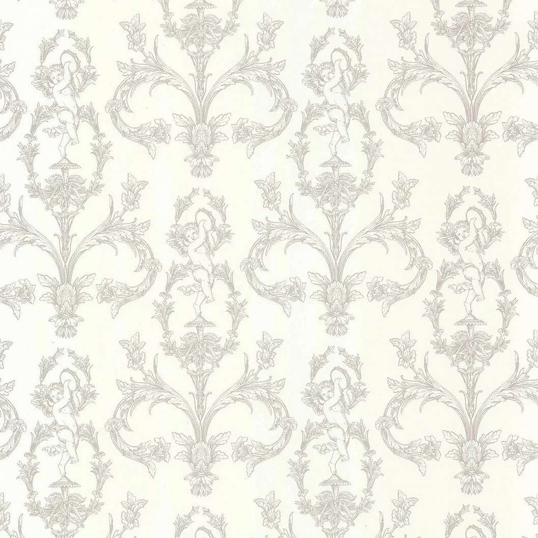 Toile stílusú design tapéta csörgődobos bachus és virágok mintával fényes ezüst színben