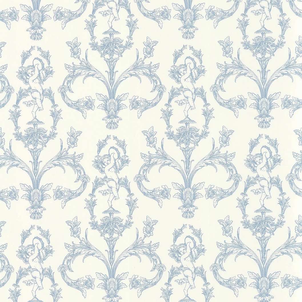 Toile stílusú design tapéta csörgődobos bachus és virágok mintával kék színben