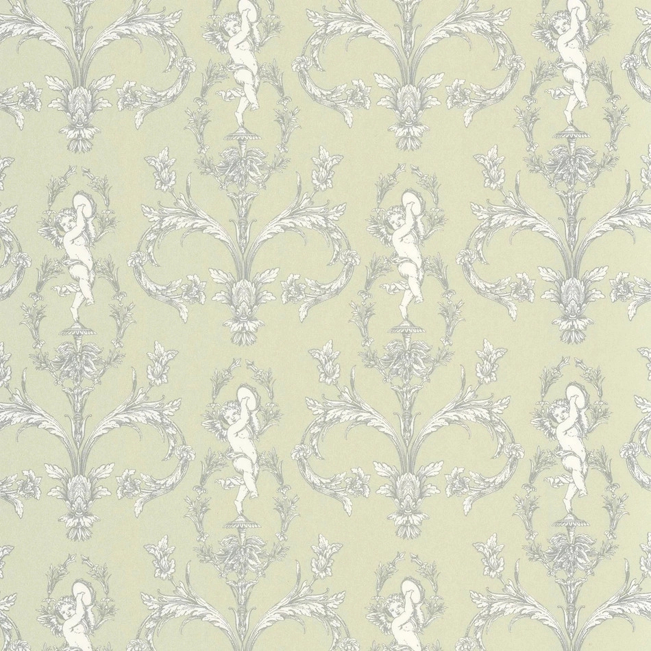 Toile stílusú design tapéta csörgődobos bachus és virágok mintával zöld és ezüst színben