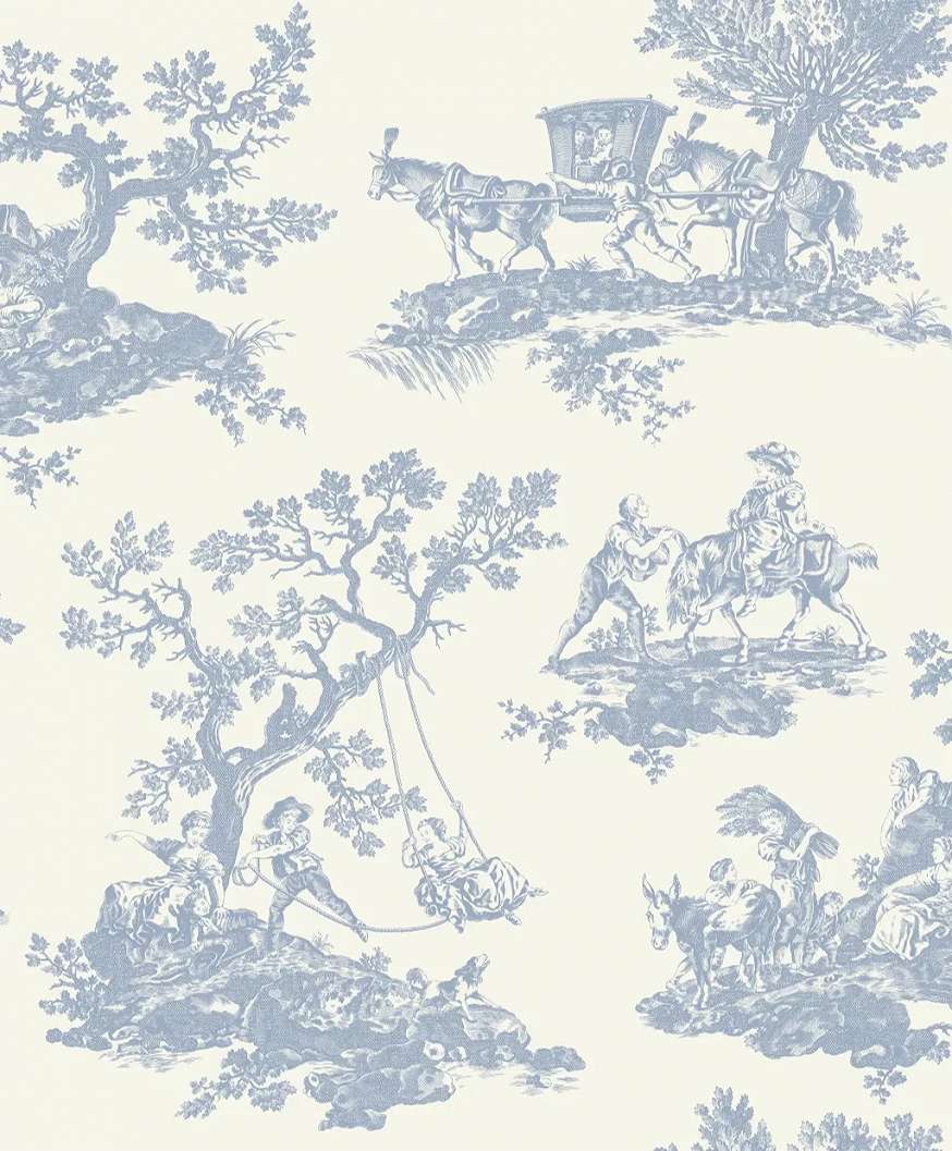 Toile stílusú design tapéta életképek mintával krém és kék színben