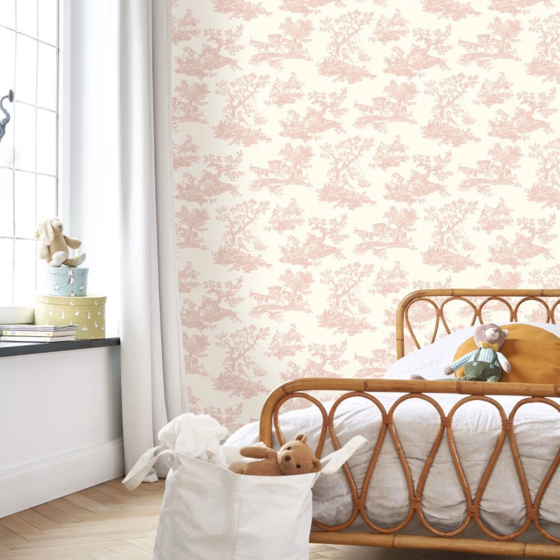 Toile stílusú design tapéta életképek mintával krém és korall színben