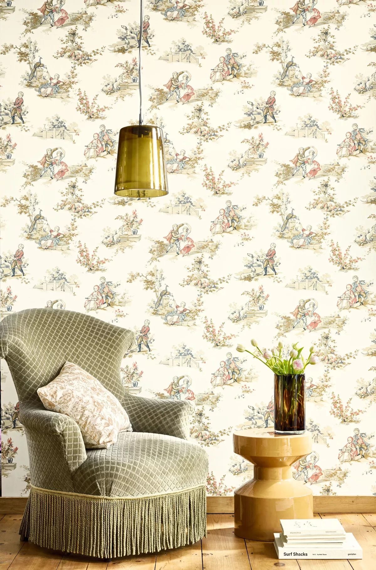 Toile stílusú design tapéta fehér háttéren sokszínű úri életkép mintával