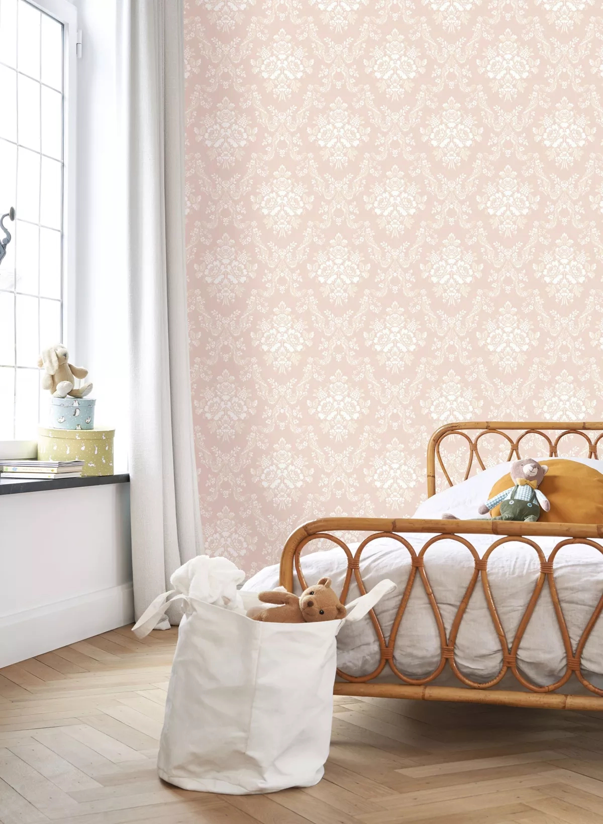 Toile stílusú design tapéta nagy rózsa mintával rózsaszín és ezüst színben