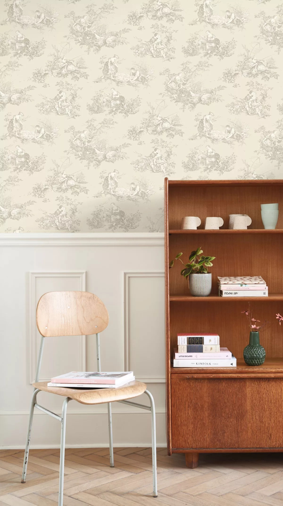 Toile stílusú design tapéta paraszti életkép mintával beige színben
